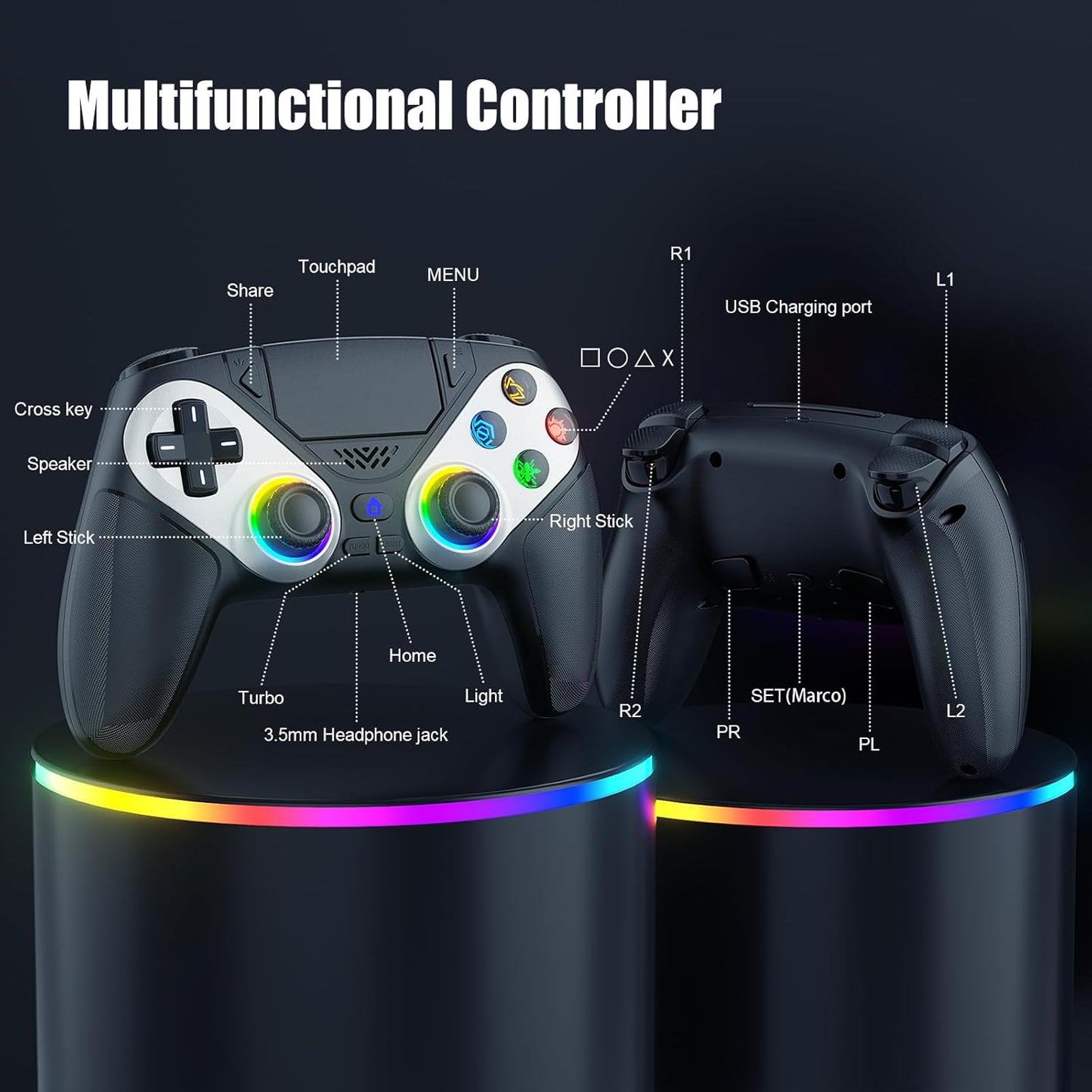 PS5 Wireless Controller with Turbo, RGB Lighting & Dual Vibration