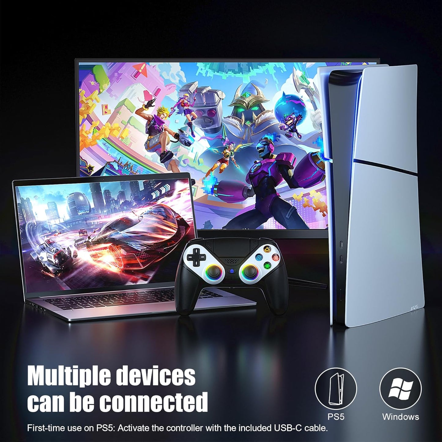 PS5 Wireless Controller with Turbo, RGB Lighting & Dual Vibration